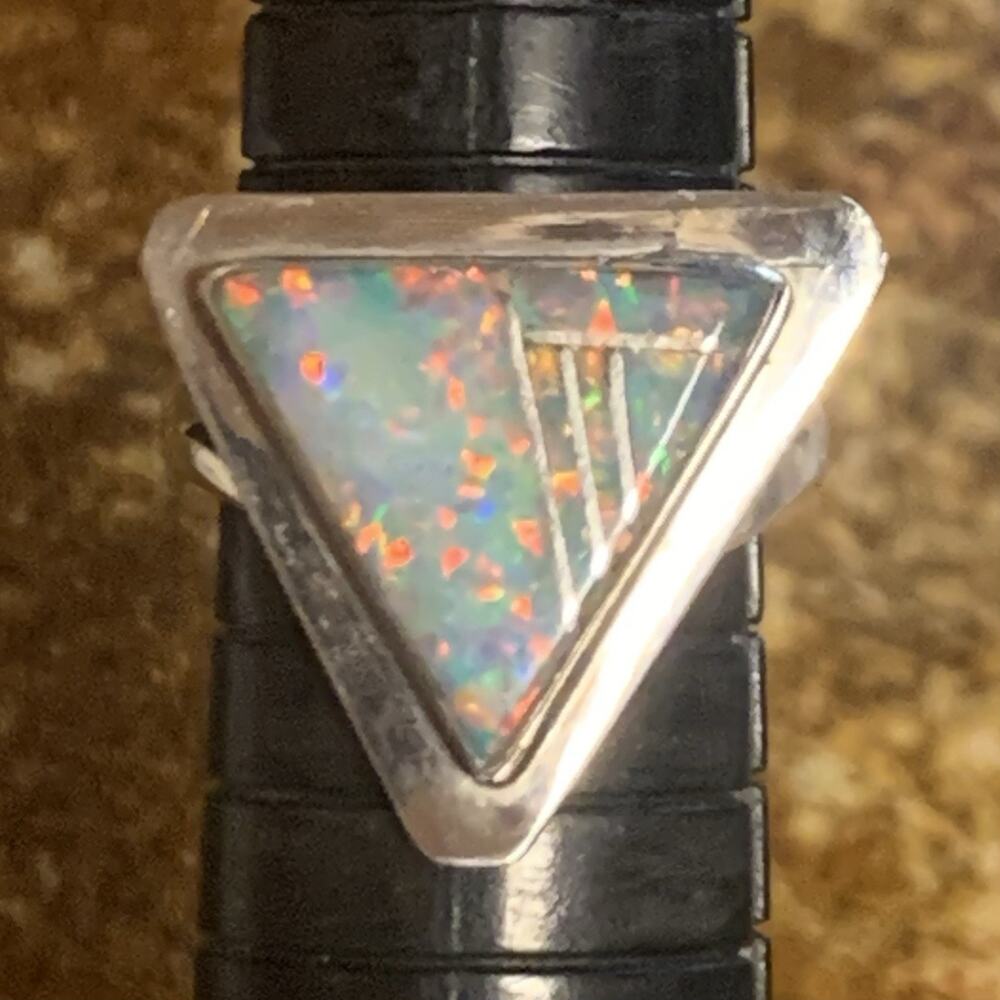 R. Begay Ring Size 7 Sterling Silver and Inlayed Opal Triangular Vintage